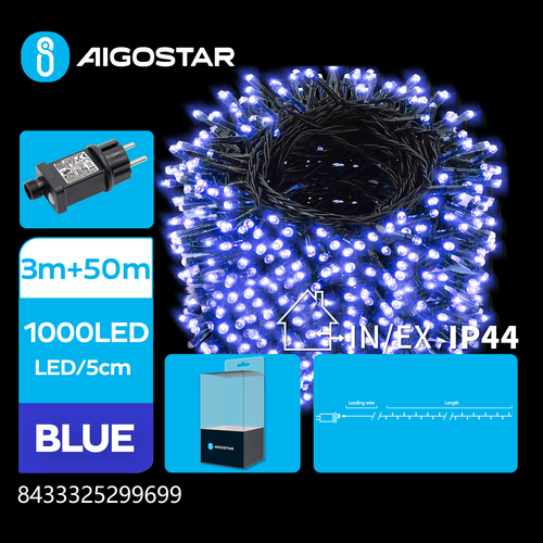 LED lyskæde, Blå, 3M+50M, 1000LED - 5CM LED-afstand, Grøn/Sort Ledning, 8 Blinkfunktioner+Timer, IP44