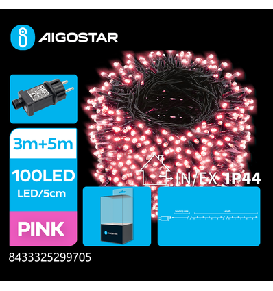 LED lyskæde, Pink, 3M+5M, 100LED - 5CM/LED, Grøn/Sort Ledning, 8 Blinkfunktioner + Tidsur, IP44
