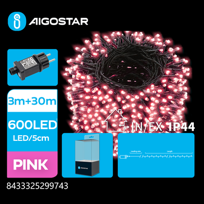 LED lyskæde, PINK | 3M+30M | 600LED - 5CM/LED | Grøn Sort Ledning | 8 Blink + Tidsindstilling | IP44