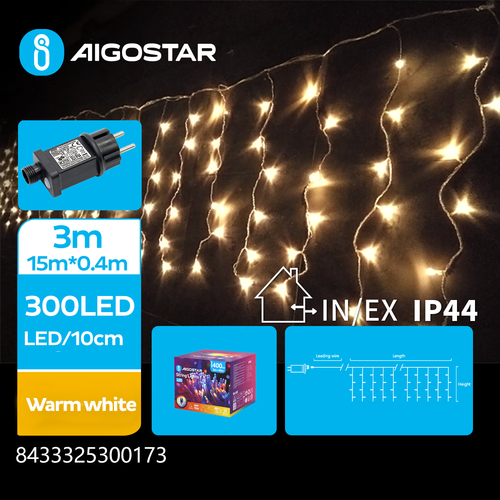 LED istap Lyskæde, Varm Hvid, 300 LED - 75 rækker, Transparent Ledning, 8 Blinkfunktioner, Timer, IP44, 3m+15×0.4m