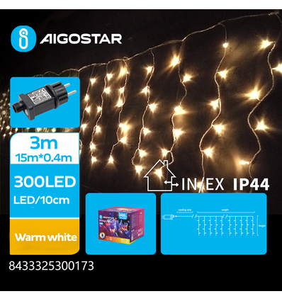 LED istap Lyskæde, Varm Hvid, 300 LED - 75 rækker, Transparent Ledning, 8 Blinkfunktioner, Timer, IP44, 3m+15×0.4m