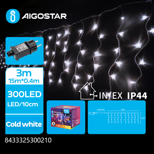LED istap Lyskæde, Kold Hvid, 300 LED - 75 rækker, Transparent Ledning, 8 Blinkfunktioner, Timer, IP44, 3m + 15x0.4m