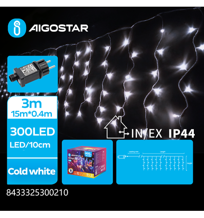 LED istap Lyskæde, Kold Hvid, 300 LED - 75 rækker, Transparent Ledning, 8 Blinkfunktioner, Timer, IP44, 3m + 15x0.4m