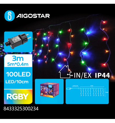 LED istap Lyskæde, RGBY, 100LED - 25 rækker, Gennemsigtig Ledning, 8 Blinkfunktioner, Timer, IP44, 3M+5M*0.4M