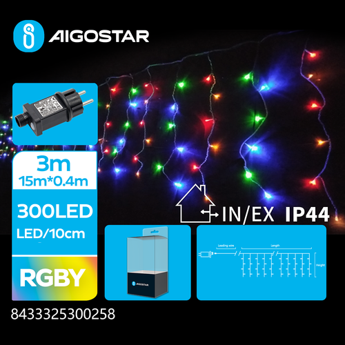 LED istap Lyskæde, RGBY, 300LED - 75 rækker, Gennemsigtig Ledning, 8 Blinkfunktioner, Timer, IP44, 3M+15x0.4M