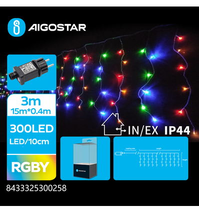 LED istap Lyskæde, RGBY, 300LED - 75 rækker, Gennemsigtig Ledning, 8 Blinkfunktioner, Timer, IP44, 3M+15x0.4M