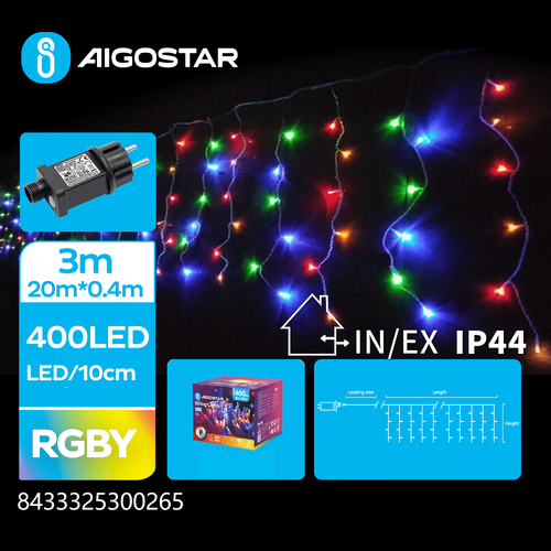 LED istap lyskæde, RGBY 3M+8M, 400LED - 100 Strenge Gennemsigtig Ledning 8 Blinkfunktioner Timer IP44