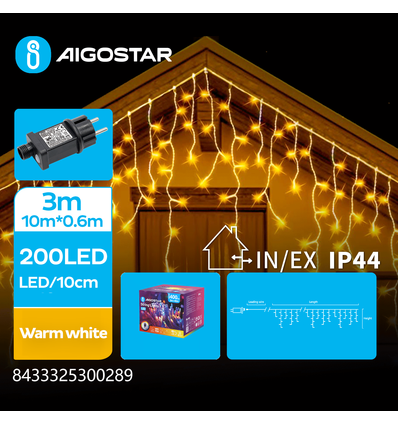 LED istap Lyskæde, Varm Hvid, 3M + 10M*0.6M, 200 LED - 50 Streng, Transparent Ledning, 8 Blink Funktioner, IP44