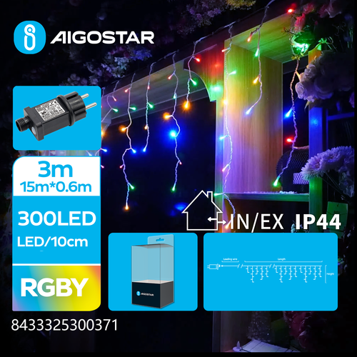 LED istap Lyskæde, RGBY, 300LED - 75 rækker, Gennemsigtig Ledning, 8 Blinkfunktioner,Timer, IP44, 3M+15M*0.6M