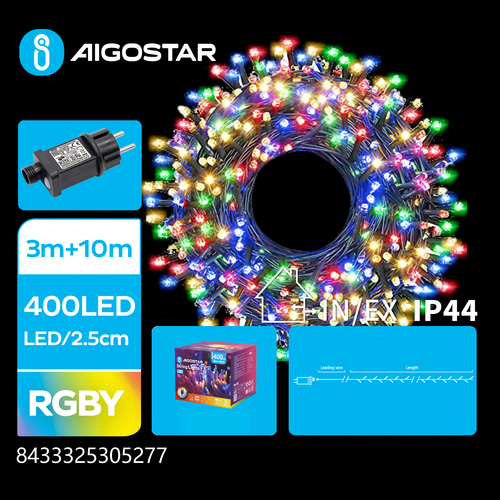 Firecracker LED lyskæde, RGBY, 3M+10M, 400LED - 2.5CM/LED Grøn & Sort Ledning 8 Blink+Timer IP44