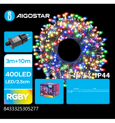 Firecracker LED lyskæde, RGBY, 3M+10M, 400LED - 2.5CM/LED Grøn & Sort Ledning 8 Blink+Timer IP44