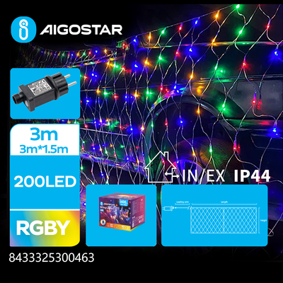 LED Netlys, RGBY 3M x 1.5M + 3M, 200LED - med Gennemsigtig Ledning, 8 Blinkfunktioner, Timer, IP44