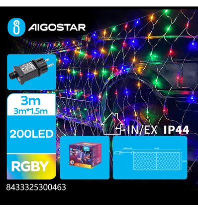 LED Netlys, RGBY 3M x 1.5M + 3M, 200LED - med Gennemsigtig Ledning, 8 Blinkfunktioner, Timer, IP44