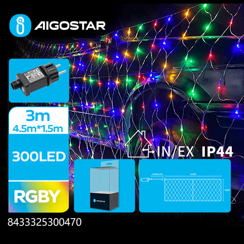 LED net lyskæde, RGBY, 3M+4.5M*1.5M 300LED - Gennemsigtig Ledning 8 Blink+Timer IP44