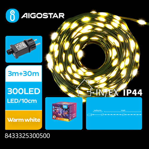 PVC LED lyskæde, Varm Hvid, 3M+30M, 300 LED - 10cm/LED, Grøn/Sort Ledning, 8 Blinkfunktioner, Timer, IP44