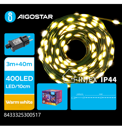 PVC LED Lyskæde, Varm Hvid, 43m, 400LED - 10cm mellem LED, Grøn/Sort Ledning, 8 Blinkfunktioner + Timer, IP44