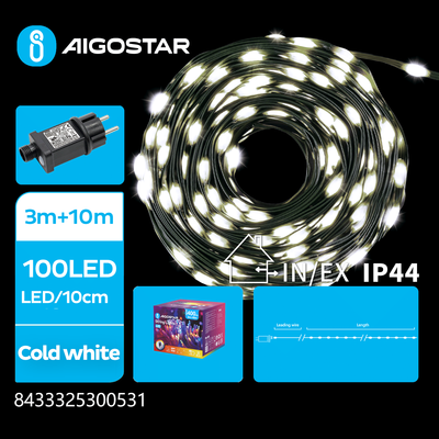 PVC LED Lyskæde, Kold Hvid, 13M (3M+10M), 100LED - (10cm/LED), Grøn/Sort Ledning, 8 Blinkfunktioner, Timer, IP44