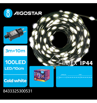 PVC LED Lyskæde, Kold Hvid, 13M (3M+10M), 100LED - (10cm/LED), Grøn/Sort Ledning, 8 Blinkfunktioner, Timer, IP44