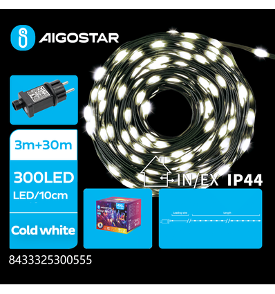 PVC LED lyskæde, Kold Hvid, 3M+30M, 300 LED - 10cm/LED, Grøn/Sort Ledning, 8 Blink-funktioner+Timer, IP44