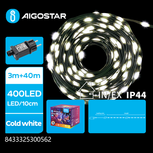 PVC LED lyskæde, Kold Hvid, 3M+40M, 400 LED - 10cm/LED, Grøn/Sort Ledning, 8 Blink+Timer, IP44