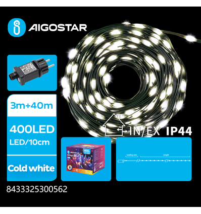 PVC LED lyskæde, Kold Hvid, 3M+40M, 400 LED - 10cm/LED, Grøn/Sort Ledning, 8 Blink+Timer, IP44