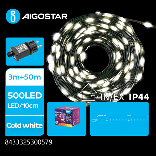 PVC LED Lyskæde, Kold Hvid, 3M+50M, 500 LED - 10cm mellem LED’er, Grøn/Sort Ledning, 8 Funktioner+Blink+Timer, IP44