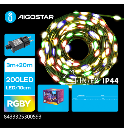 PVC LED Lyskæde, RGBY, 3M+20M, 200 LED - 10cm mellem LED, Grøn/Sort Ledning, 8 Blinkfunktioner, Tidsindstilling, IP44