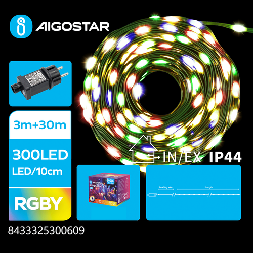 PVC LED lyskæde, RGBY 3M+30M 300LED - 10CM/LED, Grøn Sort Ledning, 8 Blinkfunktioner, Tidsindstilling, IP44