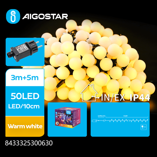 Matteret kugle Lyskæde - Varm Hvid 3M+5M, 50LED - 10cm/LED, Transparent Ledning, 8 Blinkfunktioner, Timer, IP44
