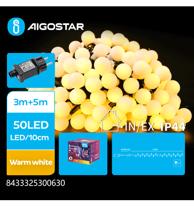 Matteret kugle Lyskæde - Varm Hvid 3M+5M, 50LED - 10cm/LED, Transparent Ledning, 8 Blinkfunktioner, Timer, IP44