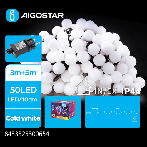Matteret kugle lyskæde, Kold Hvid, 3M+5M, 50 LED - 10cm/LED, Gennemsigtig Ledning, 8 Blinkfunktioner + Timer, IP44