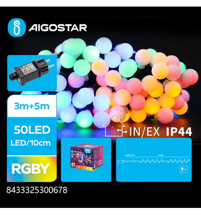 Matteret kugle LED Lyskæde, RGBY, 3M+5M, 50LED - 10cm/LED, Gennemsigtig Ledning, 8 Blinkfunktioner+Timer, IP44