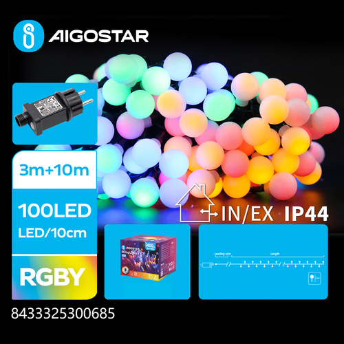 Matteret kugle lyskæde, RGBY 3M+10M, 100LED - 10cm/LED, Gennemsigtig Ledning, 8 Blink + Tidsindstilling, IP44