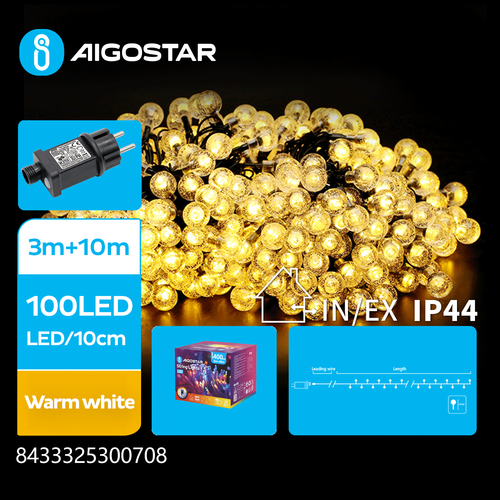 LED kugle lyskæde, Varm Hvid, 13M, 100 LED - 10cm Afstand, Gennemsigtig Ledning, 8 Blinkmønstre+Timer, IP44