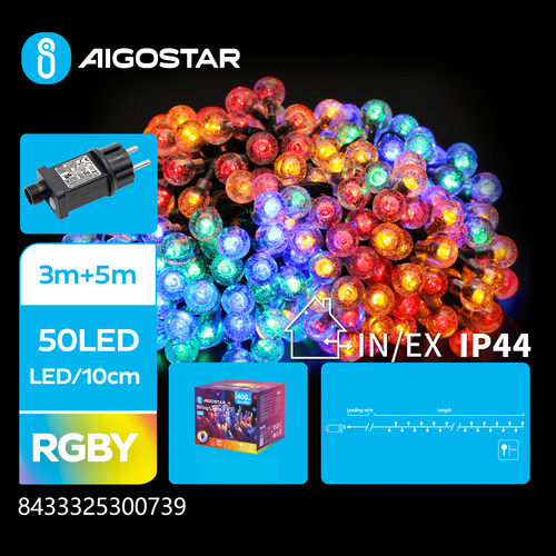 LED kugle lyskæde, RGBY, 3M+5M, 50 LED - 10cm mellem LED - Transparent Ledning - 8 Blinkfunktioner + Timer, IP440