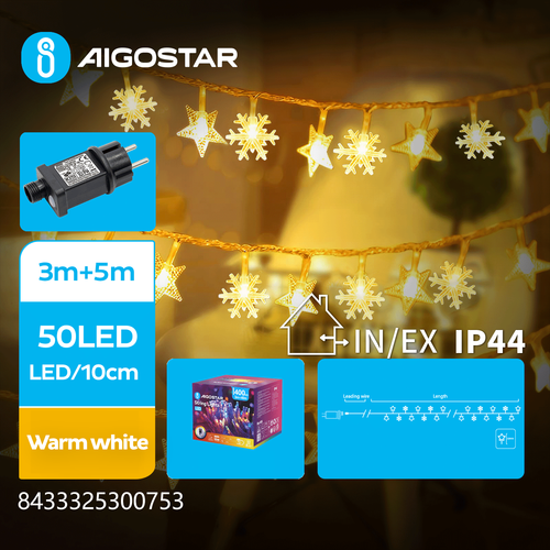 Stjerne / snefnug LED Lyskæde, Varm Hvid - 3M+5M, 50 LED, 10cm/LED, Gennemsigtig Ledning, 8 Blinkfunktioner, Timer, IP44