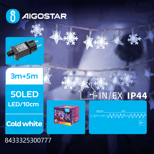Stjerne / Snefnug LED Lyskæde, Kold Hvid - 3M+5M, 50 LED, 10cm/LED, Transparent Ledning, 8 Blinkfunktioner+Timer, IP44
