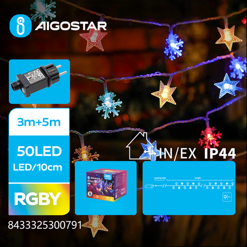 Stjerne / Snefnug LED Lyskæde, RGBY - 3M+5M | 50 LED | 10cm/LED | Gennemsigtig Ledning | 8 Blink + Tidsfunktion | IP44