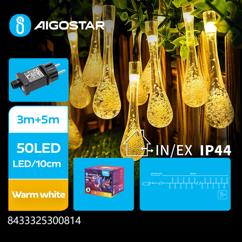 Regndråbe LED Lyskæde, Varm Hvid, 3M+5M - 50 LED, 10cm/LED, Transparent Ledning, 8 Blink+Timer, IP44