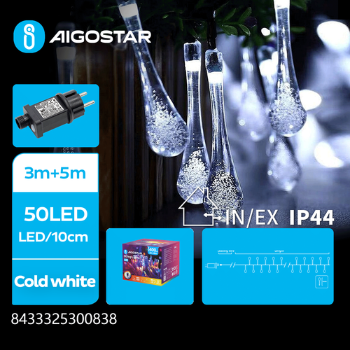 Dråbeformet LED Lyskæde, Kølig Hvid, 3M+5M, 50 LED - 10cm/LED, Gennemsigtig Ledning, 8 Blink+Tidsindstilling, IP44