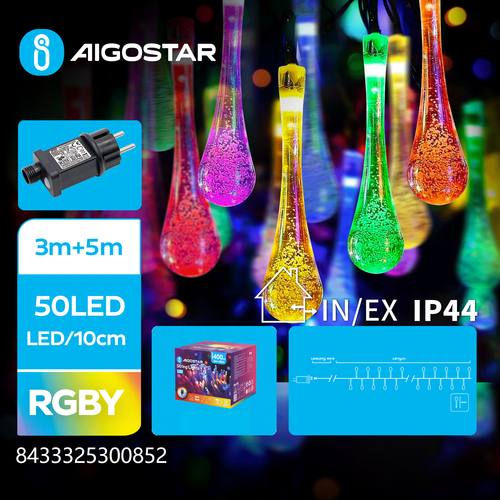Dråbeformet LED Lyskæde, RGBY, 3M+5M, 50 LED - (10cm/LED), Transparent Ledning, 8 Blinkfunktioner + Timer, IP44