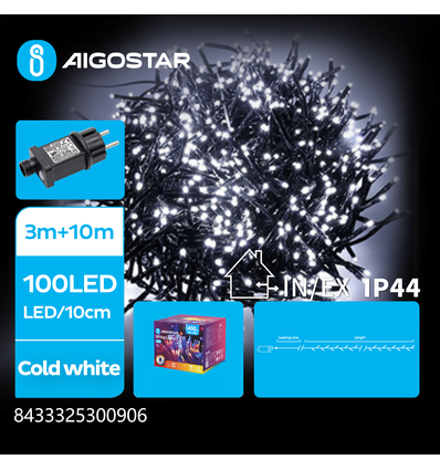 LED Lyskæde, Kold Hvid, 3M+10M, 100 LED - 10cm/LED, Grøn/Sort Ledning, 8 Blink, Timer, IP44