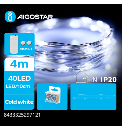 Møntcelle Kobbertråd Lyskæde - Kold Hvid, 4m, 40 LED, 10cm/LED, Sølvtråd, Tænd/Sluk