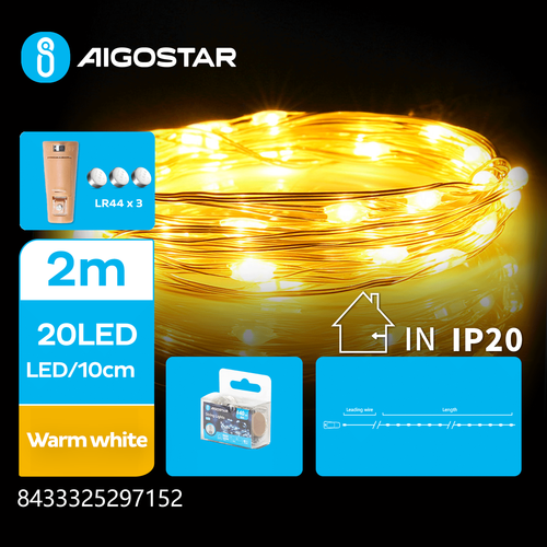 Lyskæde - Batteridrevne, 20 LED, Varm Hvid, 2M, 10cm mellem LED, Kobbertråd, TÆND/SLUK, Sølvfarvet