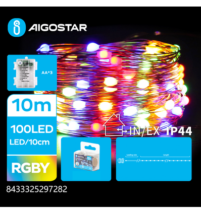 3AA Batteri Kobbertråd Lichterkette RGBY 10M 100LED - 10CM/LED Sølvtråd - 8 Blink+Timer+IP44