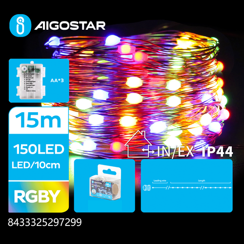 3AA Batteri Kobbertråd Lyskæde RGBY 15M 150LED 10cm/LED Sølvtråd 8 Blinkfunktioner + Timer IP44