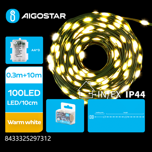 3AA Batteri PVC Lyskæde, Varm Hvid, 0.3M+10M, 100 LED, 10CM/LED, Grøn Ledning, 8 Blinkfunktioner, Timer, IP44