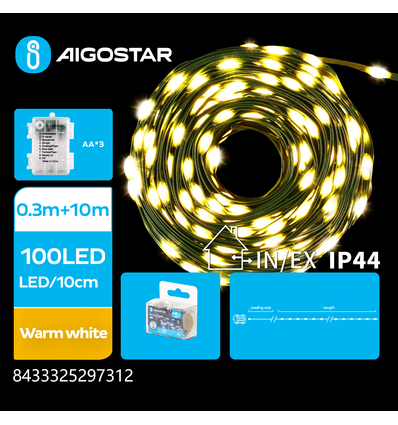 3AA Batteri PVC Lyskæde, Varm Hvid, 0.3M+10M, 100 LED, 10CM/LED, Grøn Ledning, 8 Blinkfunktioner, Timer, IP44
