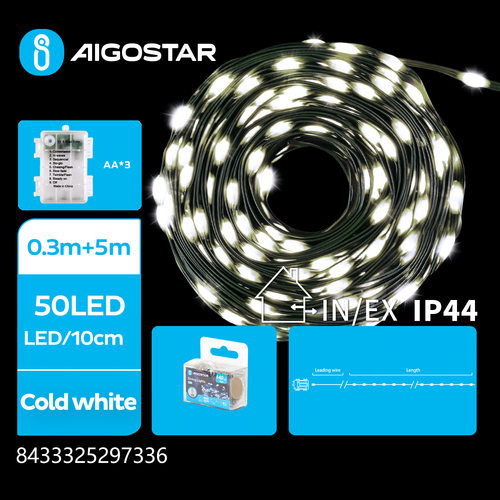 3AA Batteri PVC Lyskæde, Kold Hvid, 0.3M+5M, 50 LED, 10cm Afstand, Grøn Ledning, 8 Blinkfunktioner + Timer, IP44