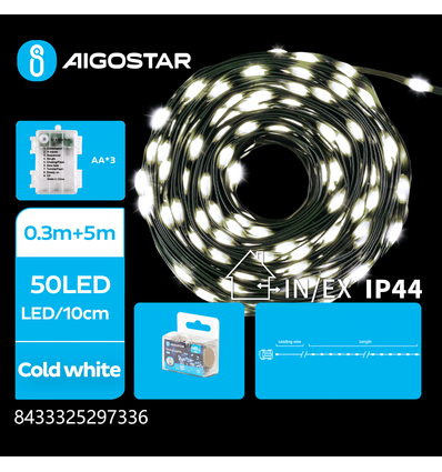 3AA Batteri PVC Lyskæde, Kold Hvid, 0.3M+5M, 50 LED, 10cm Afstand, Grøn Ledning, 8 Blinkfunktioner + Timer, IP44